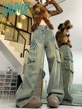 Lunivop Women’s Flanging Large Pocket Design Denim Trousers American Vintage Street Style Jeans